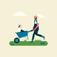 Cartoon character of farmers with active dog walks in field after work day vector