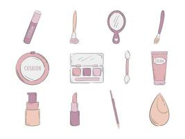 conjunto de diferente paquetes para productos cosméticos ilustración. maquillaje herramientas vector íconos recopilación. dibujos animados garabatear línea Arte.