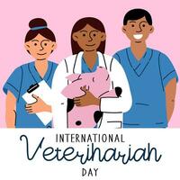 International Veterinarian's Day, vector art illustration. Doctors man, woman in a medical uniform, doctor holding a pig, close. Pet care. An inscription, a banner for the holiday. Diversity of staff