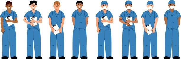 Set of medical workers in blue uniforms, with documents, wearing a medical mask. Nurses, a doctor. Medical uniform. Collection of various nurses in uniform, with and without documents in full height vector