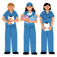 Midwives, medical workers who hold babies and documents. Medical uniforms of twin nurses, children in blue and pink. After giving birth in full height. A group of nurses in blue uniforms. A group vector