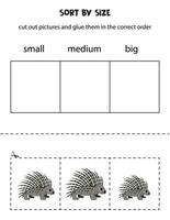 Sort cute black porcupine by size. Educational worksheet for kids. vector