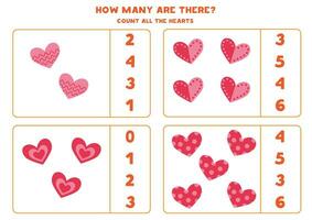 Count all cartoon hearts and circle the correct answers. vector