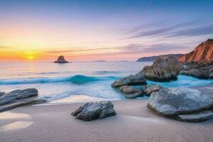 ai generado hermosa rocas en el playa a puesta de sol. Pro foto