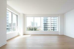 AI Generated Empty modern room with white walls and large windows Minimalist interior design in a luxury apartment The space is clean and contemporary by Generative AI photo