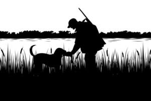 vector illustration of a duck hunter on a river in black and white silhouette style