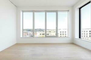 AI Generated Empty modern room with white walls and large windows Minimalist interior design in a luxury apartment The space is clean and contemporary by Generative AI photo