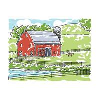 farm vector illustration with barn line art drawing. Abstract black and color linear sketch