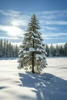 Pine trees or decorated christmas tree covered by snow on beautiful winter. Christmas theme outdoors by AI Generated photo