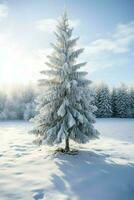 pino arboles o decorado Navidad árbol cubierto por nieve en hermosa invierno. Navidad tema al aire libre por ai generado foto