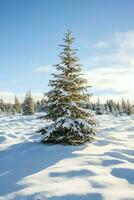 pino arboles o decorado Navidad árbol cubierto por nieve en hermosa invierno. Navidad tema al aire libre por ai generado foto