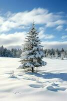 Pine trees or decorated christmas tree covered by snow on beautiful winter. Christmas theme outdoors by AI Generated photo