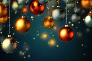 Christmas background with christmas balls ornaments hanging with copy space. Christmas decoration concept by AI Generated photo