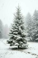 Pine trees or decorated christmas tree covered by snow on beautiful winter. Christmas theme outdoors by AI Generated photo