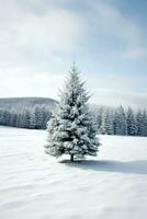 pino arboles o decorado Navidad árbol cubierto por nieve en hermosa invierno. Navidad tema al aire libre por ai generado foto