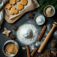 plano laico de Cocinando hecho en casa Navidad horneando ingredientes o pan de jengibre galletas metido en mesa concepto por ai generado foto