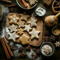 plano laico de Cocinando hecho en casa Navidad horneando ingredientes o pan de jengibre galletas metido en mesa concepto por ai generado foto