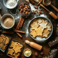 Flat lay of cooking homemade christmas baking ingredients or gingerbread cookies placed on table concept by AI Generated photo