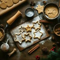 plano laico de Cocinando hecho en casa Navidad horneando ingredientes o pan de jengibre galletas metido en mesa concepto por ai generado foto