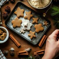 Flat lay of cooking homemade christmas baking ingredients or gingerbread cookies placed on table concept by AI Generated photo