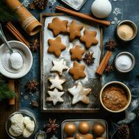 Flat lay of cooking homemade christmas baking ingredients or gingerbread cookies placed on table concept by AI Generated photo