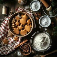 plano laico de Cocinando hecho en casa Navidad horneando ingredientes o pan de jengibre galletas metido en mesa concepto por ai generado foto