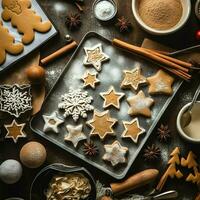 plano laico de Cocinando hecho en casa Navidad horneando ingredientes o pan de jengibre galletas metido en mesa concepto por ai generado foto