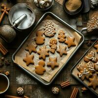 Flat lay of cooking homemade christmas baking ingredients or gingerbread cookies placed on table concept by AI Generated photo