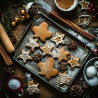 plano laico de Cocinando hecho en casa Navidad horneando ingredientes o pan de jengibre galletas metido en mesa concepto por ai generado foto