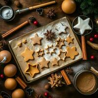 Flat lay of cooking homemade christmas baking ingredients or gingerbread cookies placed on table concept by AI Generated photo