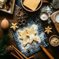 plano laico de Cocinando hecho en casa Navidad horneando ingredientes o pan de jengibre galletas metido en mesa concepto por ai generado foto