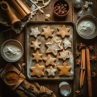 Flat lay of cooking homemade christmas baking ingredients or gingerbread cookies placed on table concept by AI Generated photo