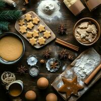 plano laico de Cocinando hecho en casa Navidad horneando ingredientes o pan de jengibre galletas metido en mesa concepto por ai generado foto