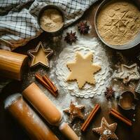 plano laico de Cocinando hecho en casa Navidad horneando ingredientes o pan de jengibre galletas metido en mesa concepto por ai generado foto