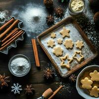 plano laico de Cocinando hecho en casa Navidad horneando ingredientes o pan de jengibre galletas metido en mesa concepto por ai generado foto