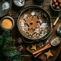plano laico de Cocinando hecho en casa Navidad horneando ingredientes o pan de jengibre galletas metido en mesa concepto por ai generado foto