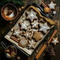 Flat lay of cooking homemade christmas baking ingredients or gingerbread cookies placed on table concept by AI Generated photo