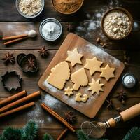 plano laico de Cocinando hecho en casa Navidad horneando ingredientes o pan de jengibre galletas metido en mesa concepto por ai generado foto