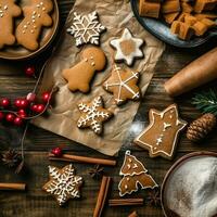 Flat lay of cooking homemade christmas baking ingredients or gingerbread cookies placed on table concept by AI Generated photo