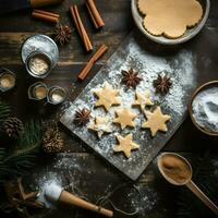 plano laico de Cocinando hecho en casa Navidad horneando ingredientes o pan de jengibre galletas metido en mesa concepto por ai generado foto