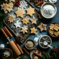 Flat lay of cooking homemade christmas baking ingredients or gingerbread cookies placed on table concept by AI Generated photo