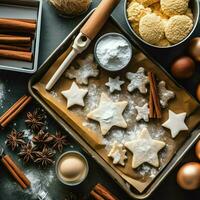 plano laico de Cocinando hecho en casa Navidad horneando ingredientes o pan de jengibre galletas metido en mesa concepto por ai generado foto