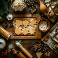 Flat lay of cooking homemade christmas baking ingredients or gingerbread cookies placed on table concept by AI Generated photo