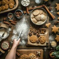 plano laico de Cocinando hecho en casa Navidad horneando ingredientes o pan de jengibre galletas metido en mesa concepto por ai generado foto