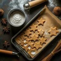 Flat lay of cooking homemade christmas baking ingredients or gingerbread cookies placed on table concept by AI Generated photo