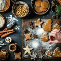 Flat lay of cooking homemade christmas baking ingredients or gingerbread cookies placed on table concept by AI Generated photo