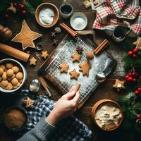 plano laico de Cocinando hecho en casa Navidad horneando ingredientes o pan de jengibre galletas metido en mesa concepto por ai generado foto