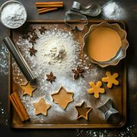 Flat lay of cooking homemade christmas baking ingredients or gingerbread cookies placed on table concept by AI Generated photo