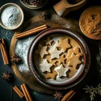 Flat lay of cooking homemade christmas baking ingredients or gingerbread cookies placed on table concept by AI Generated photo