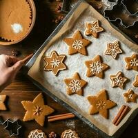 Flat lay of cooking homemade christmas baking ingredients or gingerbread cookies placed on table concept by AI Generated photo